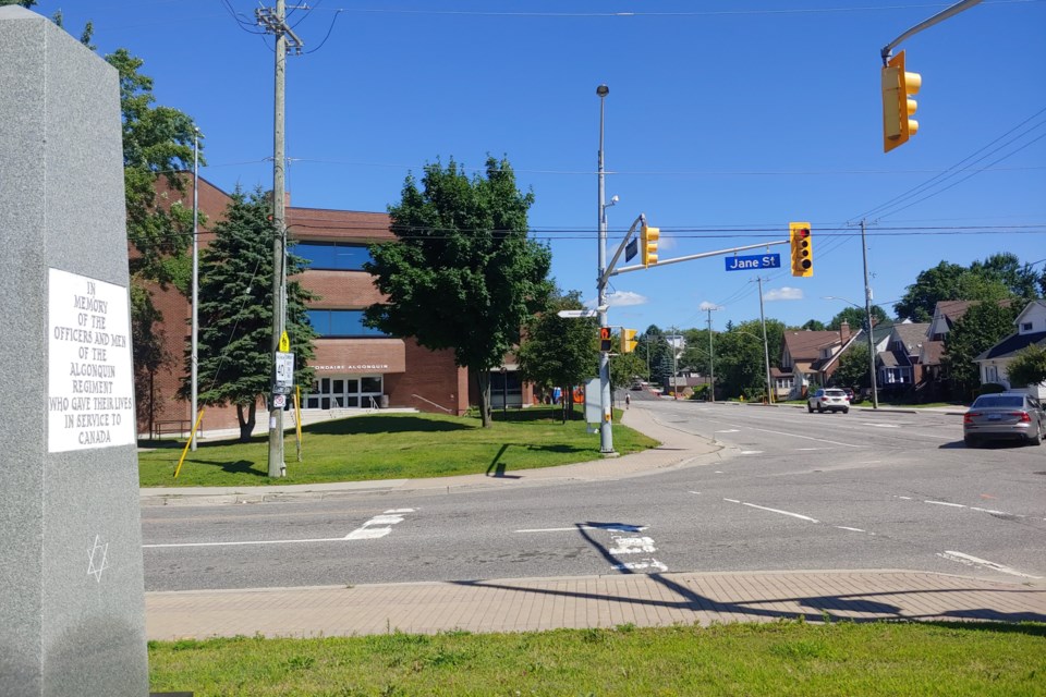 Looking north along Algonquin Avenue. The Algonquin Regiment  Memorial Monument will be moved and the vacated land used for the project.