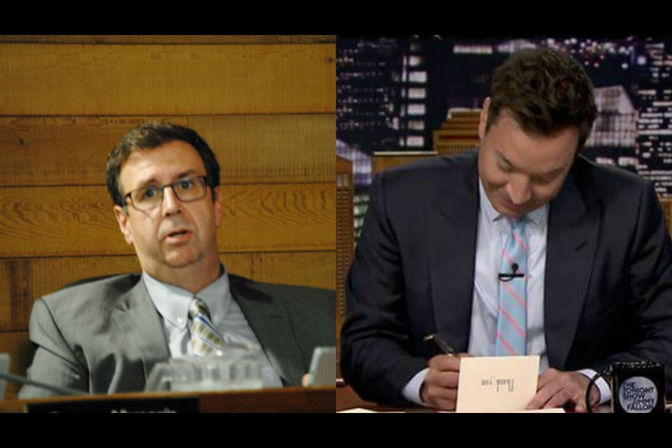 Coun. Mac Bain's thank you notes were the hot topic of discussion at Monday's City Council meeting. Photo of Jimmy Fallon (right) courtesy of The Tonight Show on Facebook
