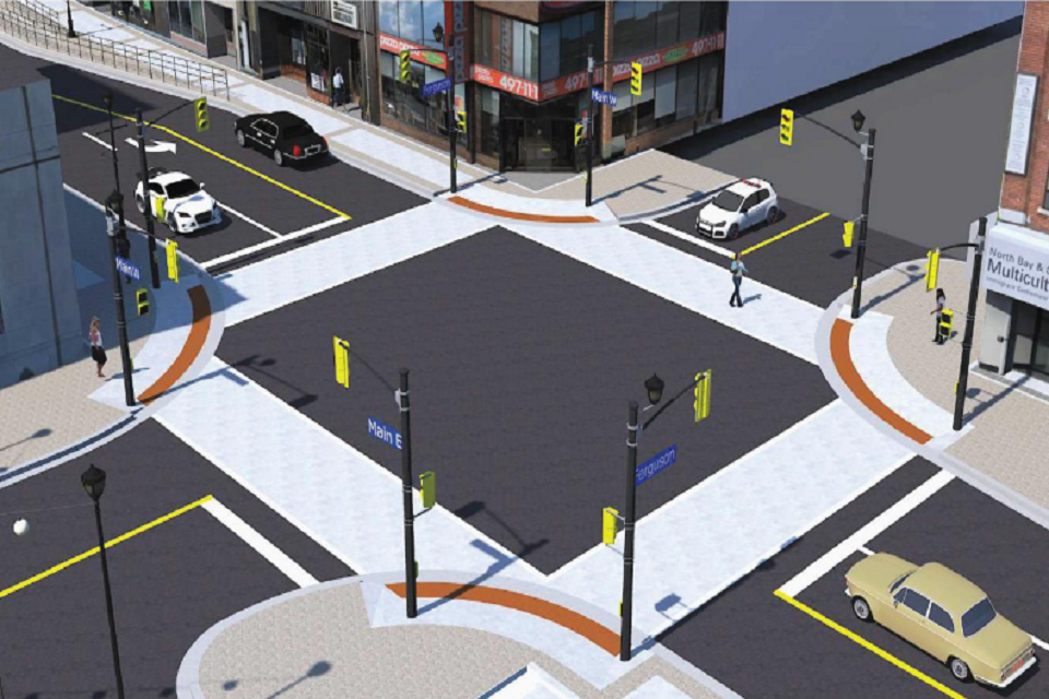 Each intersection in the project area will be rebuilt similarly to this rendering of the intersection of Main and Ferguson streets.