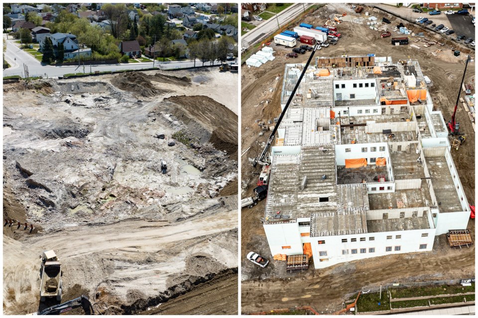 The Northern Heights development, at left in May 2023, and at right on May 1.
