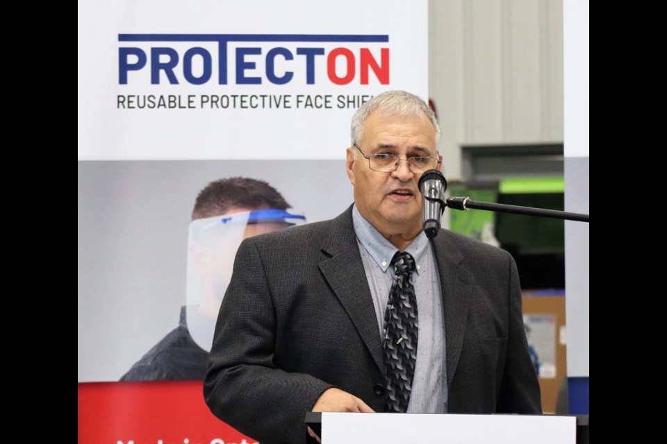 Donald Champagne, president of North Bay Plastic Molders during the media conference for the ProtectON PPE face shield, Sept. 25.(BayToday photo)