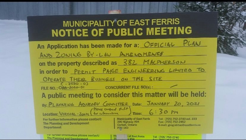 The Jan. 20, 2021 East Ferris Planning Advisory Committee meeting agenda includes Paige Engineering's applications to rezone 382 MacPherson Drive to operate its light industrial manufacturing operation from an existing garage on seven-plus acres of property.