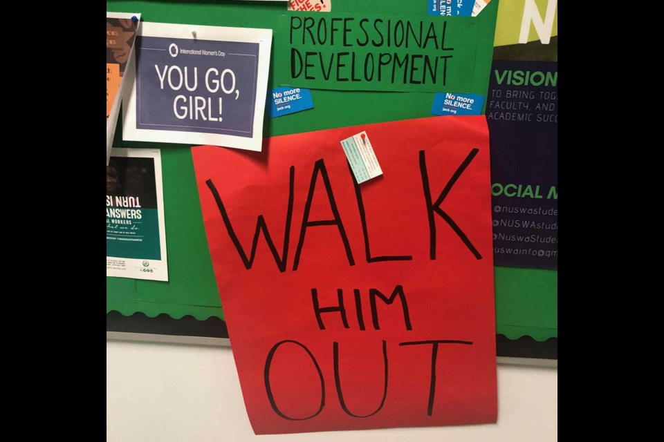 Employees at the Education Centre are making their desire for a respectful and safe workplace well known by using signs on bulletin boards. Supplied.