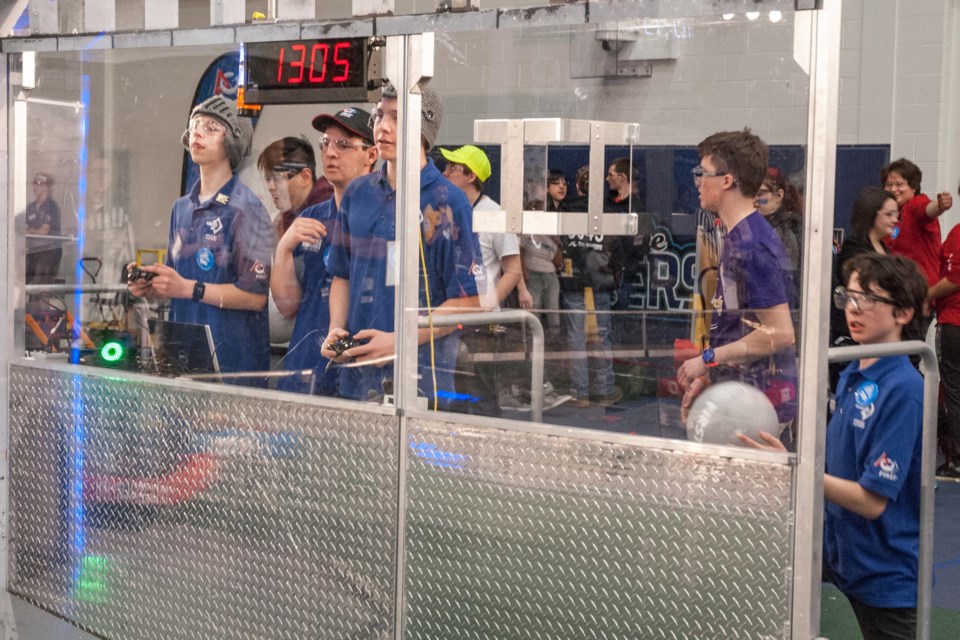 Team 1305, nicknamed Ice Cubed, competes in the 2016 North Bay Regional FIRSTRobotics Competition at the Robert Surtees Athletic Centre at Nipissing University. 
