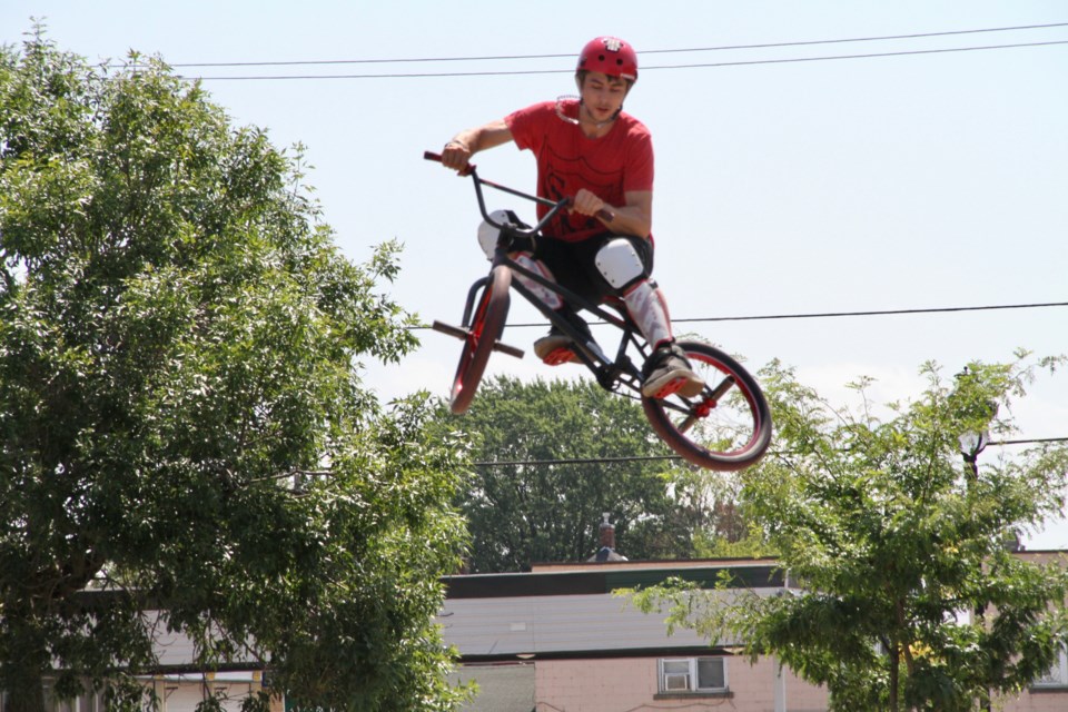 Dirt jumper Jody Lafleur flies through the air on his BMX bike.  Photo by Chris Dawson/BayToday.ca 
