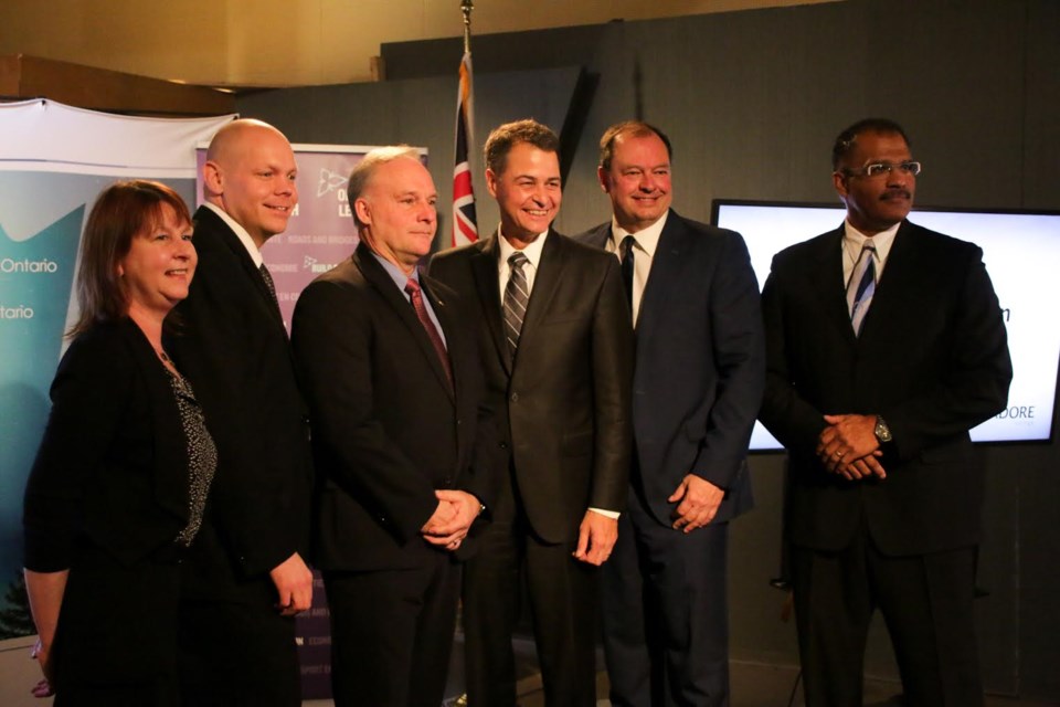 (left to right) Lieann Koivukoski, President, Post Production North; Jason Corbett, Board Member of the Northern Ontario Heritage Fund Corporation; George Burton, President, Canadore College; Anthony Rota, Member of Parliament, Nipissing-Timiskaming; Al McDonald, Mayor, City of North Bay; and Yura Monestime, Associate Dean of Media, Design and Dramatic Arts. Photo supplied. 
