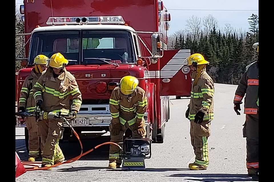 Bonfield fire fighters at the scene of a truck/minivan collision on Highway 17 this morning. Photo courtesy OPP Shona Camirand.