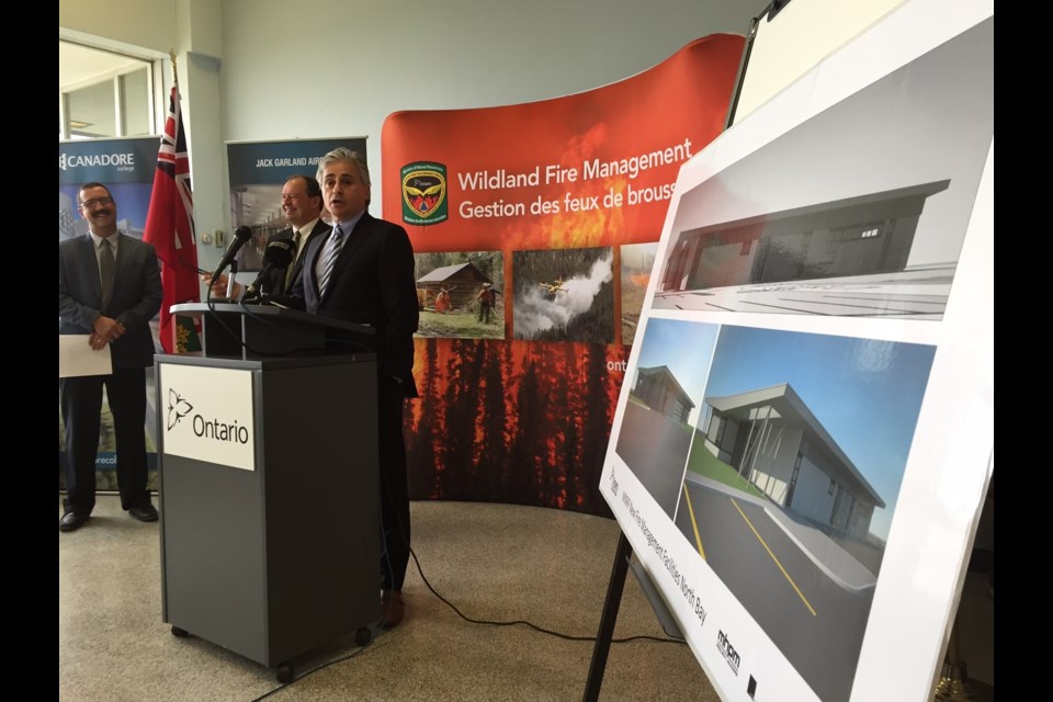 Minister of Natural Resources and Forestry Bill Mauro announces a new fire management building for North Bay. Photo by Chris Dawson.