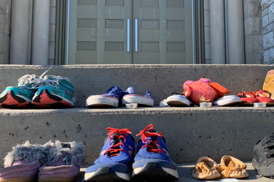 Shoes placed on the stairs of the Pro-Cathedral in North Bay, in memory of residential school victims. File photo by Chris Dawson/Baytoday.