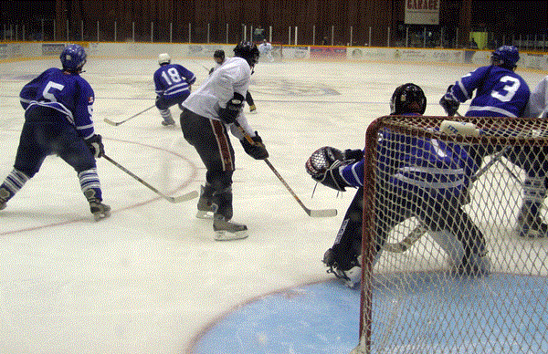 Skyhawks goaltender Stuart Fricke looks for the puck in the second period.