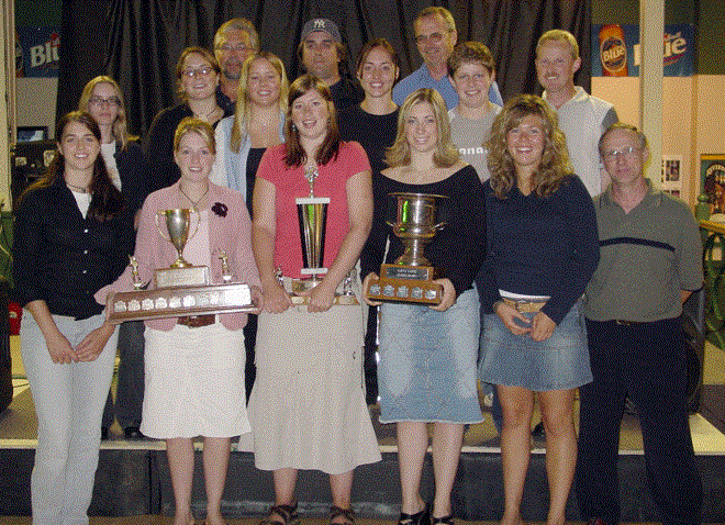 Callander Culligan Lions, WGMFA, 2004 league and playoff champions, front row, from left; Ann-Renee Guillemette, Kim LeClair, Lauri Borden, Krystal Chartrand, Kindra Houle, Don LeClair, assistant coach; Middle row, from left: Jessica Nolet, Tanya Bedard, Kerri Milne, Sylvie Corbeil, Melissa Cross, Dave Cross, assistant coach. Back row, from left; Dave Houle, manager, Chris MacLeod, head coach and Al Borden, assistant coach. Missing: Jen Cross, Stef Young, Cat Trudel and Laura Warren.