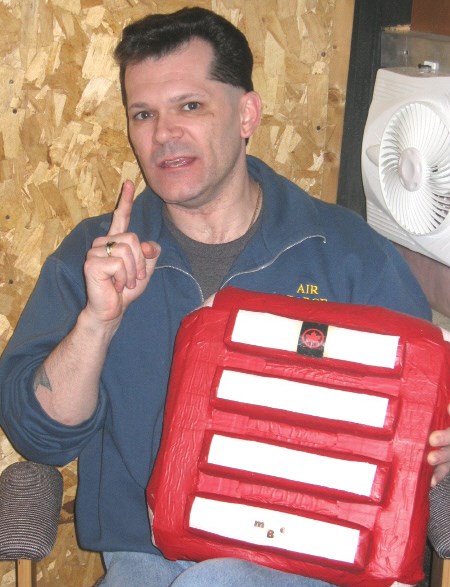 Troy Hurtubise shows a test model of his magnetic blast cushion.