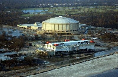 The Gulf Coast Coliseum in Biloxi, MS.  In front of it is a large casino barge that washed ashore during the hurricane.  Photo Courtesy Justine Swarner. 