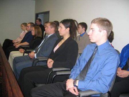 A jury of Law and Justice students listen to evidence during a mock trial held at a new court room opened at Canadore College's Progress Court campus.