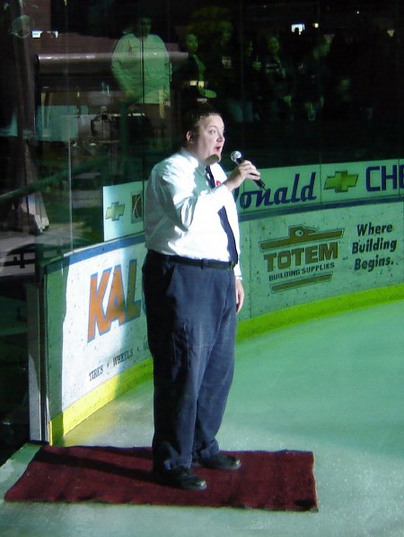 Damian Dorschner sings the national anthem at a Lethbridge Hurricanes game.  He says Lethbridge won't be cheering for the "Carolina Hurricanes" in the Stanley Cup final.  Photo submitted. 