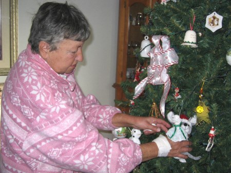 <b>Darlene Bates decorates her Christmas tree. Thieves stole Christmas lights and other decorations from the front of her house Monday night. Photo by Phil Novak, BayToday.ca.</b>