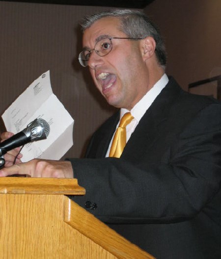 Mayoral candidate Vic Fedeli drives home a point during Wednesday's debate at the Clarion Resort- Pinewood Park.