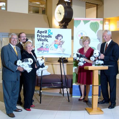 Posing with the plush Farley Dogs are (L-R) North Bay Mayor Vic Fedeli, NBDH Executive Director Lois Krause, NBGH President and CEO Mark Hurst, Our Hospital Walk/Run Marketing Committee Chair & NBGH V.P. Nancy Jacko and Former Patient Peter Chirico.