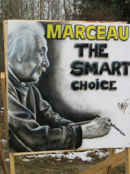 Albert Einstein casts his ballot for Jeff Marceau. This sign is located at the corners of O'Brien Street and Airport Road. The original sign had been stolen and Marceau replaced it Thursday.