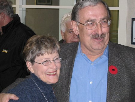 Nipissing MP Bob Wood and Marthe Smith, mother of Nipissing MPP Monique Smith. Wood announced Friday his retirement from federal politics.