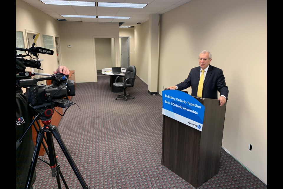 MPP Vic Fedeli addresses the media at his new office location.  Photo by Chris Dawson/BayToday. 