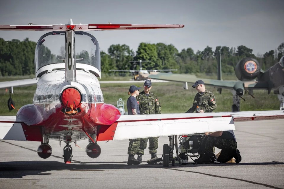 In this June 20 photo, a Snowbirds plane undergoes routine maintenance in Barrie, Ont., just days ahead of the team's scheduled performance in North Bay.