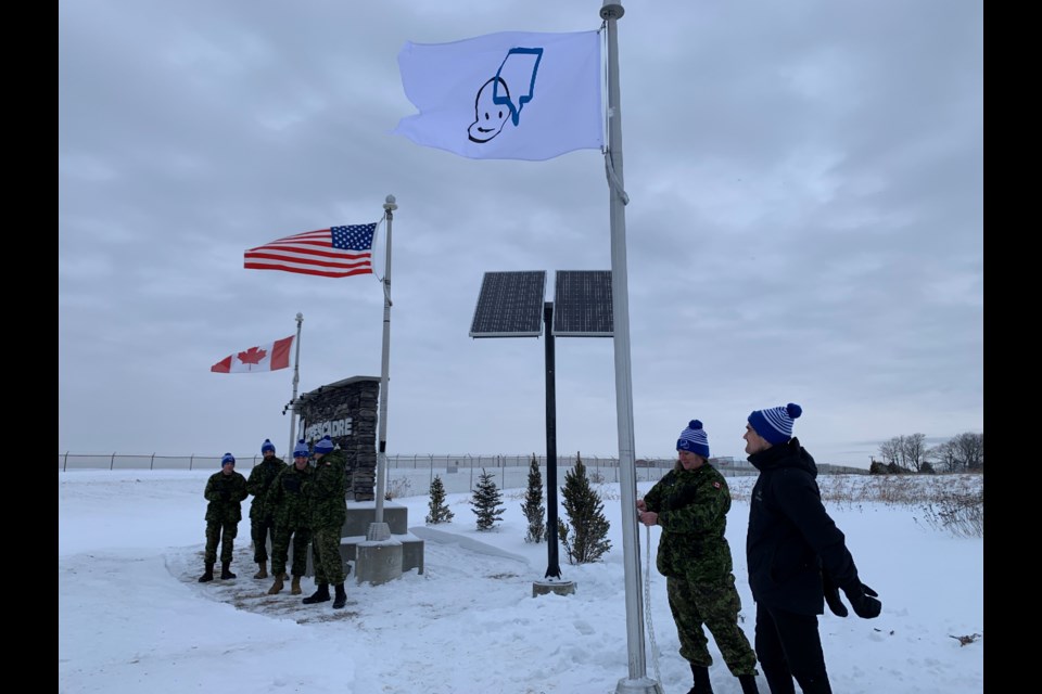 Bell Let's Talk flag raised in front of CFB North Bay on January 25, 2023.  Photo by Chris Dawson/BayToday. 