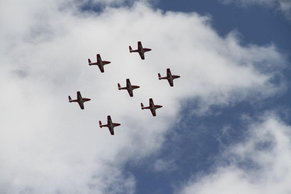 Snowbirds flying in formation of Jack Garland Airport on Tuesday afternoon Photo by Chris Dawson/BayToday. 