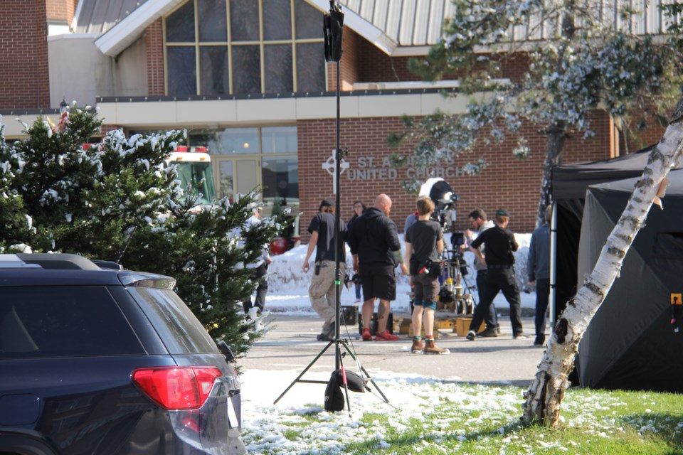 USED170914 06 Film crew recreating winter outside St. Andrew's Church, North Bay. Photo by Brenda Turl for BayToday.