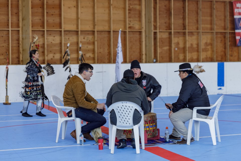 Host drum Burning Plains sings at the Nipissing First Nation's virtual powwow held Saturday, Nov. 14. Sara Cornthwaite Photo