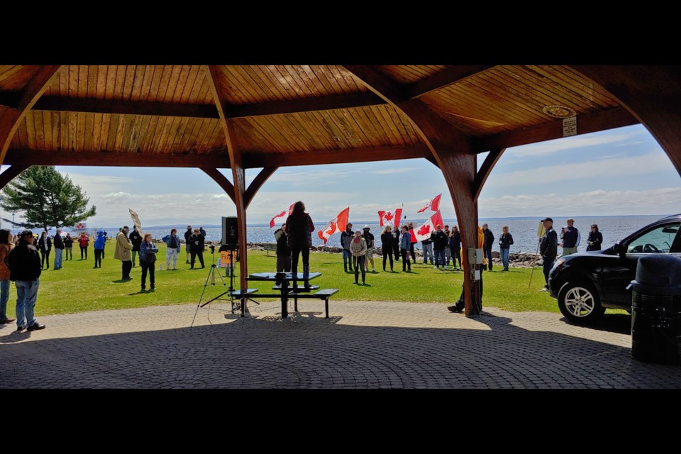 Northern Freedom Alliance speakers address the crowd from the Rotary Rotunda at the North Bay waterfront, April 17.