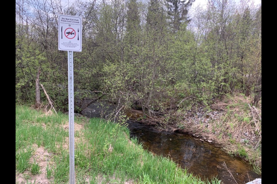 Lee's Creek runs down Lee's Road from the airport into Trout Lake. This sign was added after PFAS was found in the creek.  Jeff Turl/BayToday.