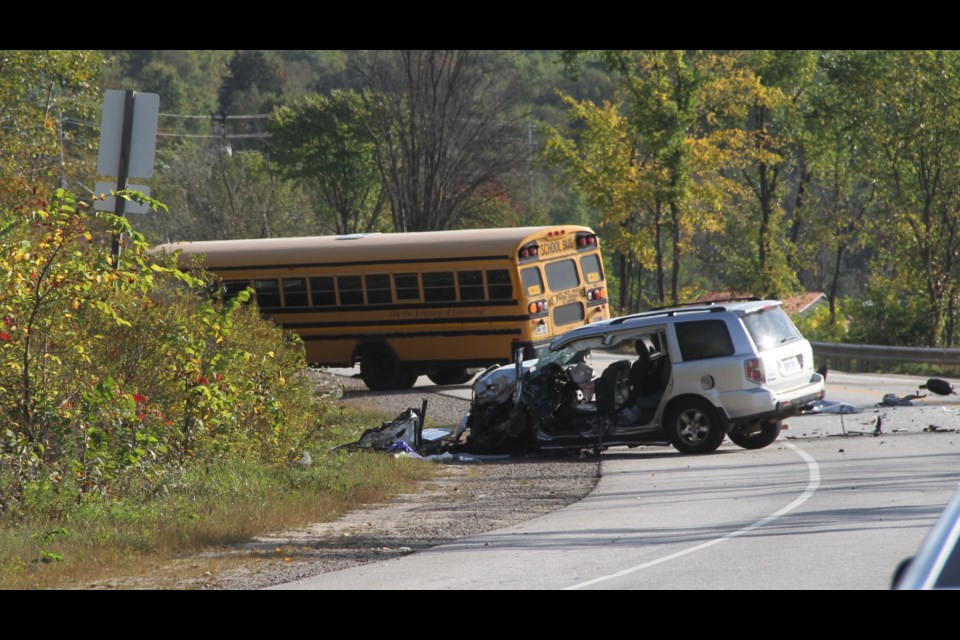 This accident on Trout Lake Road closed the busy highway around 8 a.m. in both directions.  Photo by Chris Dawson. 
