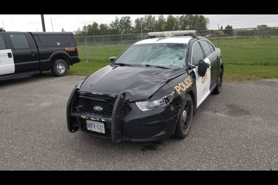 OPP cruiser after striking a moose. Photo courtesy of the Ontario Provincial Police