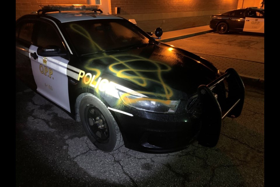 This OPP cruiser was vandalized in the parking lot of the OPP detachment in Mattawa. Courtesy OPP.