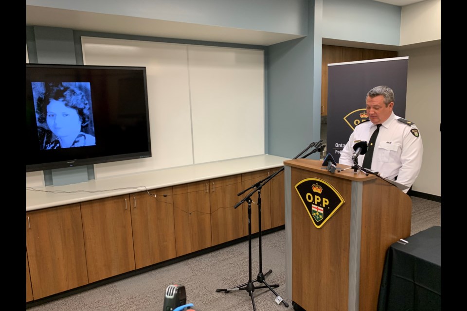 OPP Detective-Inspector Kurtis Fredericks gives few details on the case.  Photo by Chris Dawson/BayToday. 