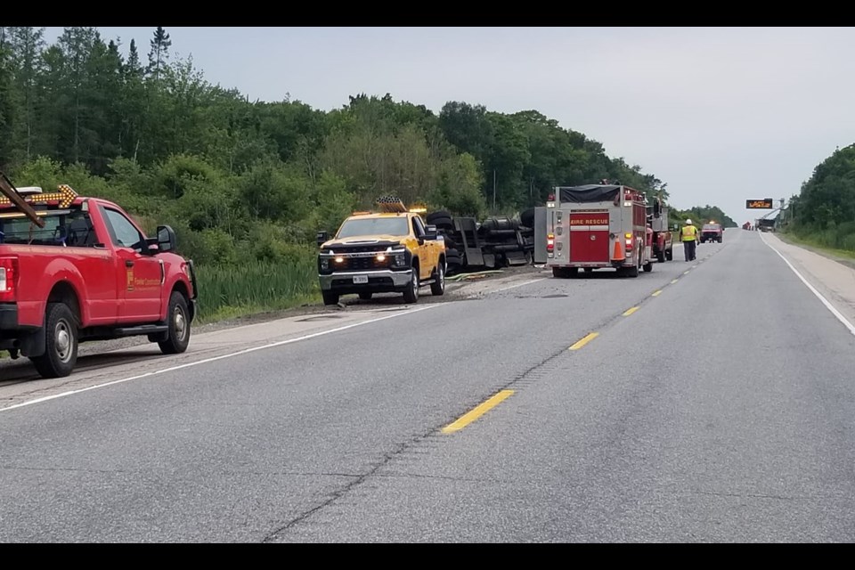 A transport accident on Hwy 69 in CarlingTownship just south of Woods Road Thursday.