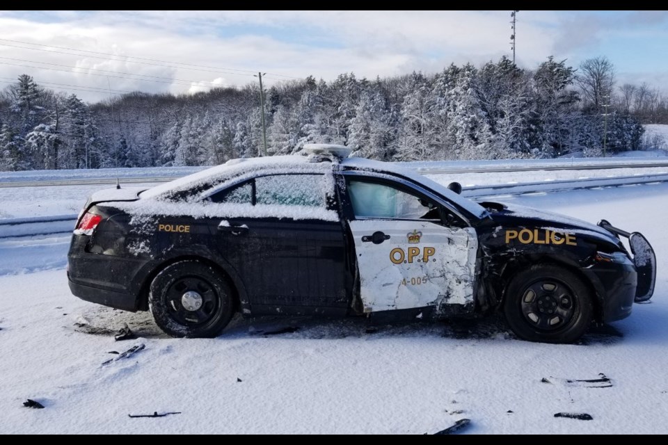 Even though this cruiser had its lights flashing, it was struck by a motorist, sending the officer to hospital. Courtesy OPP.