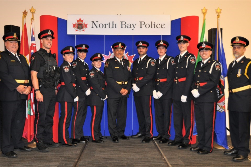 (L-R) Deputy Chief Michael Daze, Cst. Matthew Kliewer, Cst. Meranda Wood, Cst. Christina Buckland, Cst. Tonisha Maisonneuve, Chief of Police Scott Tod, Cst. Dale Valade, Cst. Cameron Ladouceur, Cst. Kaleb Mueller, Cst. Christopher Dahlke, Inspector Jeff Warner. Absent from photo: Cst. Dejon Campbell, Cst. KJ Dhillon.Courtesy of the NBPS