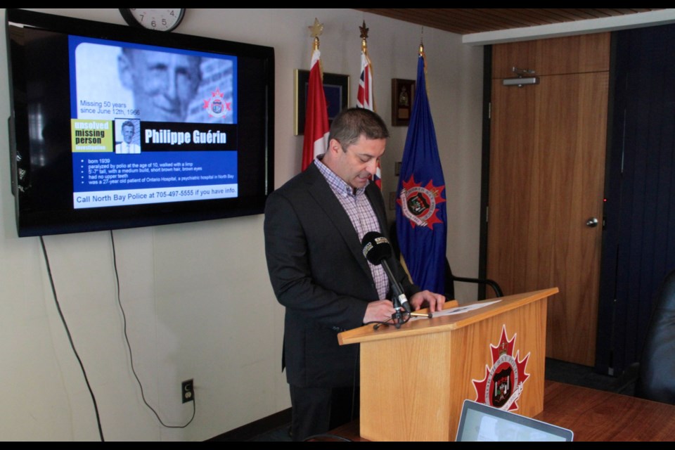 Detective Constable Roger Drolet addresses the media about the Philippe Guerin missing persons mystery, the oldest missing persons case on file. Photo by Chris Dawson. 