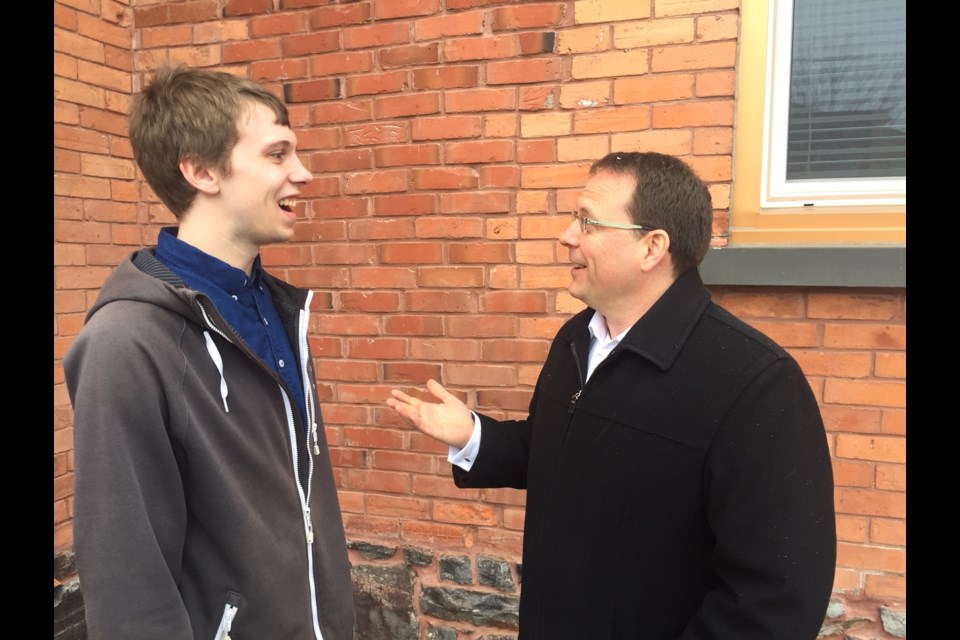 Nipissing Green Party candidate Kris Rivard, discusses policy with party leader Mike Schreiner. Jeff Turl/BayToday