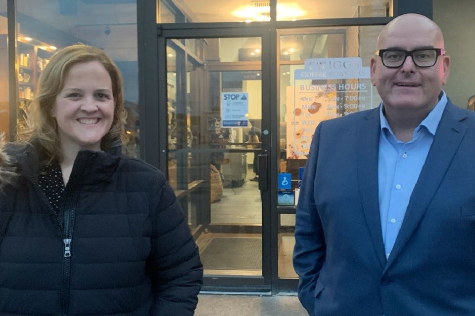 Ontario Liberal candidate for Nipissing Tanya Vrebosch and Ontario Liberal Party Leader Steven Del Duca, in North Bay.