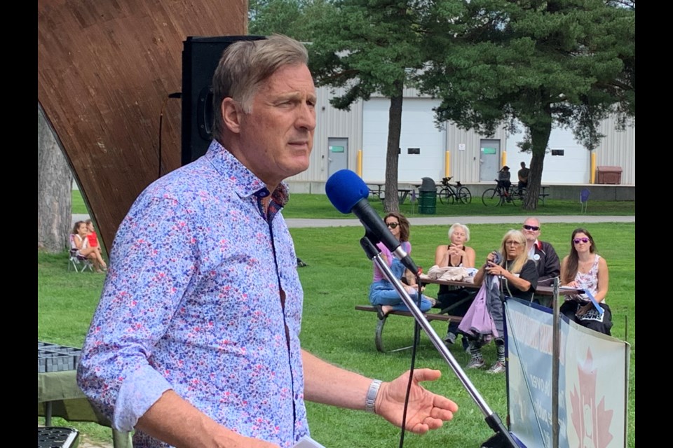 PPC leader Maxime Bernier speaks to the crowd at Lee Park in North Bay.  Photo by Chris Dawson/BayToday. 