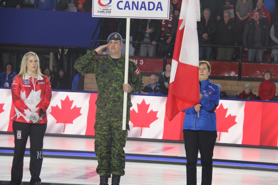Jennifer Jones belted out O Canada during the start of Military Appreciation Night at the Ford World Women's  Curling Championship. Jeff Turl/BayToday