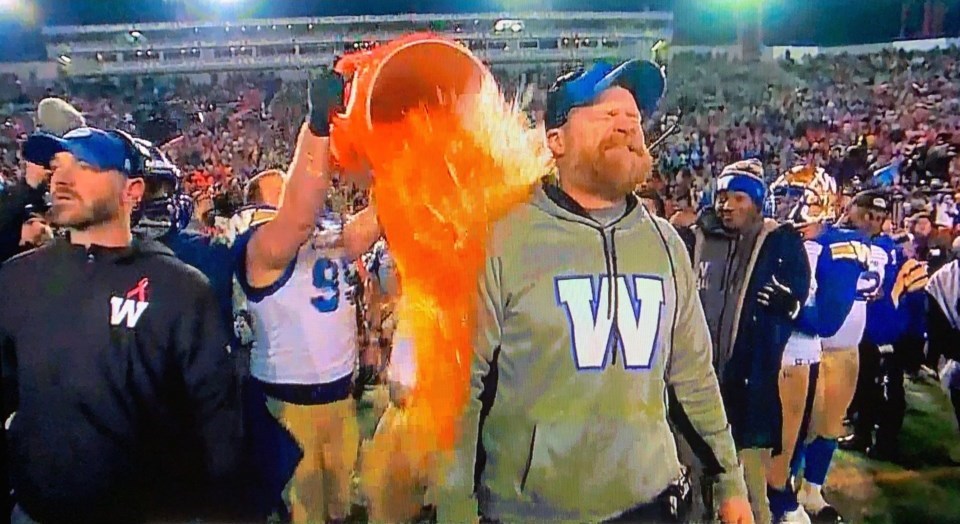 Winnipeg head coach and North Bay native Mike O'Shea gets a Gatorade shower from his players for winning the Grey Cup.  Courtesy TSN