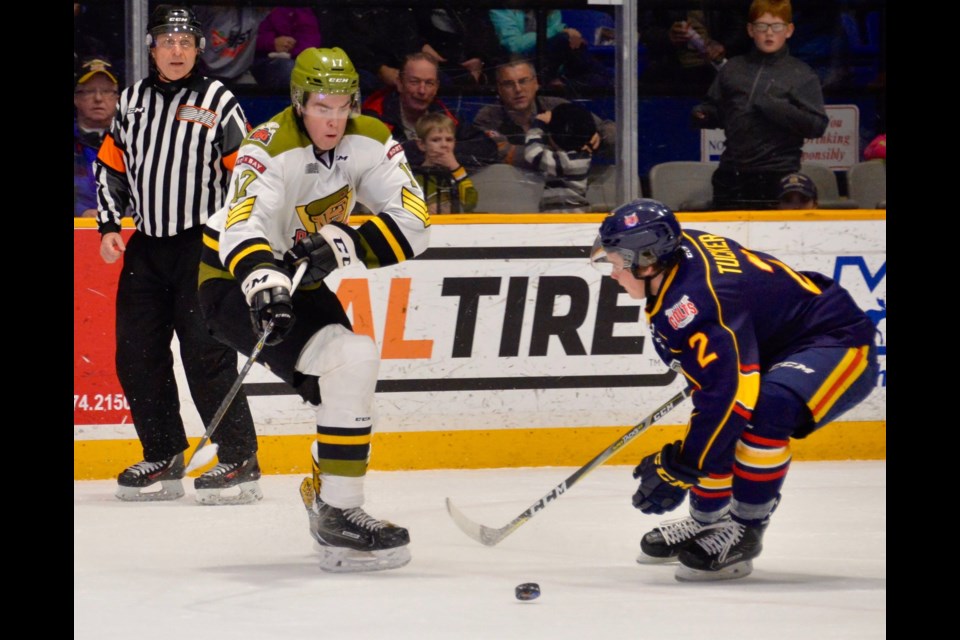 Justin Brazeau (#17) on a rush during first period action.  Photo by Tom Martineau.  