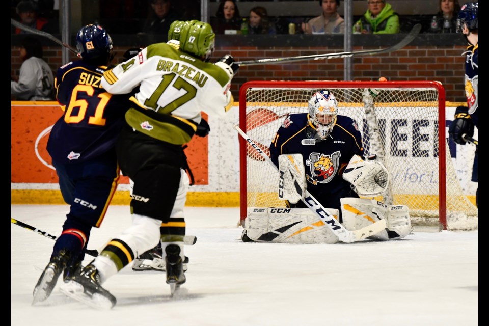 Justin Brazeau with his first of four goals on the afternoon.  Photo by Tom Martineau/BayToday.ca. 