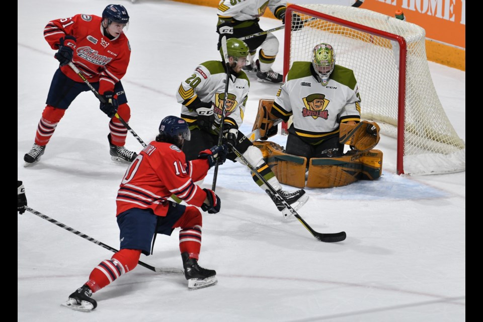 Christian Propp goes down to make a stop in Friday's loss in Oshawa. Photo by Tom Martineau/BayToday.ca. 