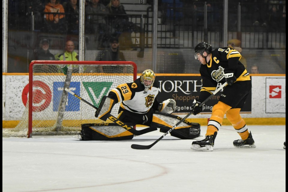 Justin Brazeau nets his 60th of the campaign.  Photo by Tom Martineau/BayToday.ca. 