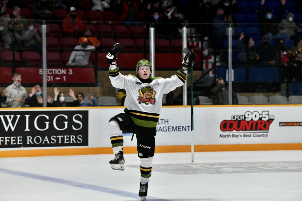 Ty Nelson with his first OHL goal. Photo by Tom Martineau/BayToday. 